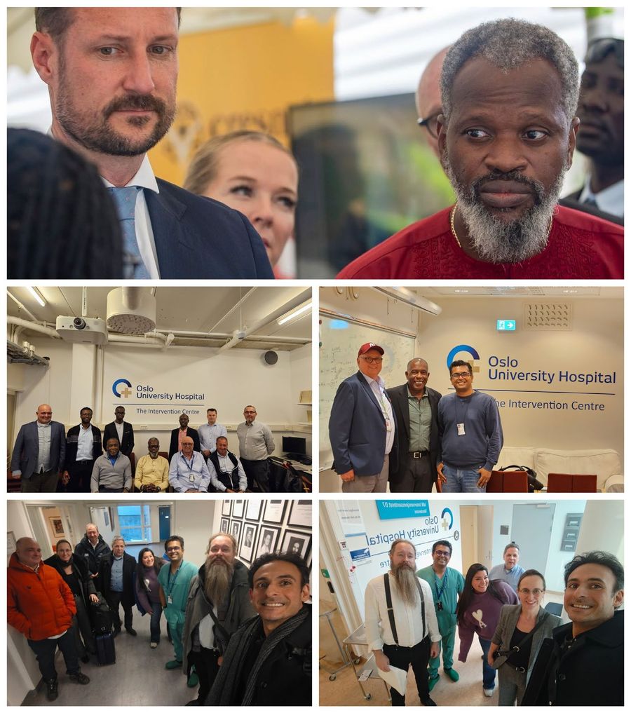 Photo collage: Crown Prince Haakon with John Kamara of Afya Rekod, and the Medioteq team with partners at Oslo University Hospital's Intervention Centre